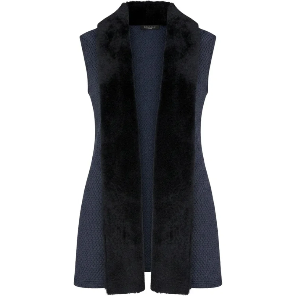 Lafayette 148 New York Cashmere Lamb Shearling Fur Trim Knit Vest Navy L